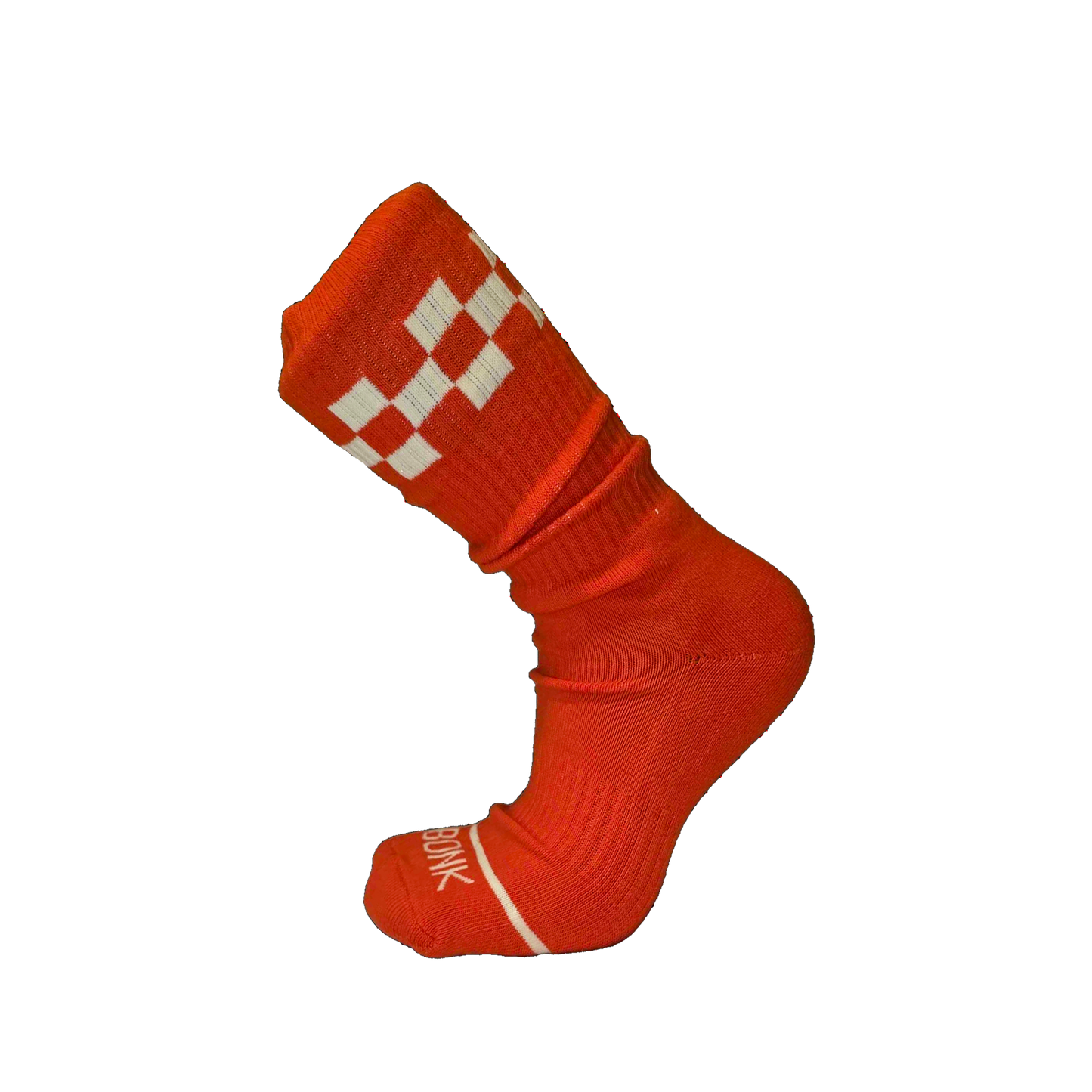 Bonk Electric Red crew sock single - side view showing checker cuff and Bonk toe stripe
