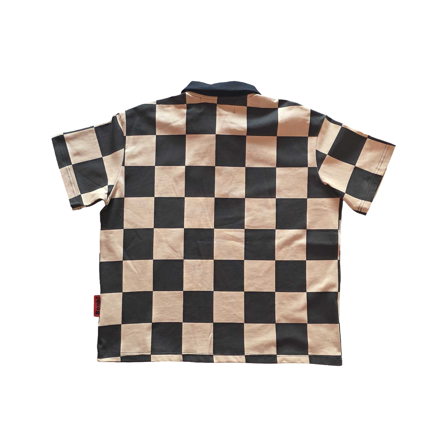 Bonk DGT Checkerboard Polo in tan, back view flat lay