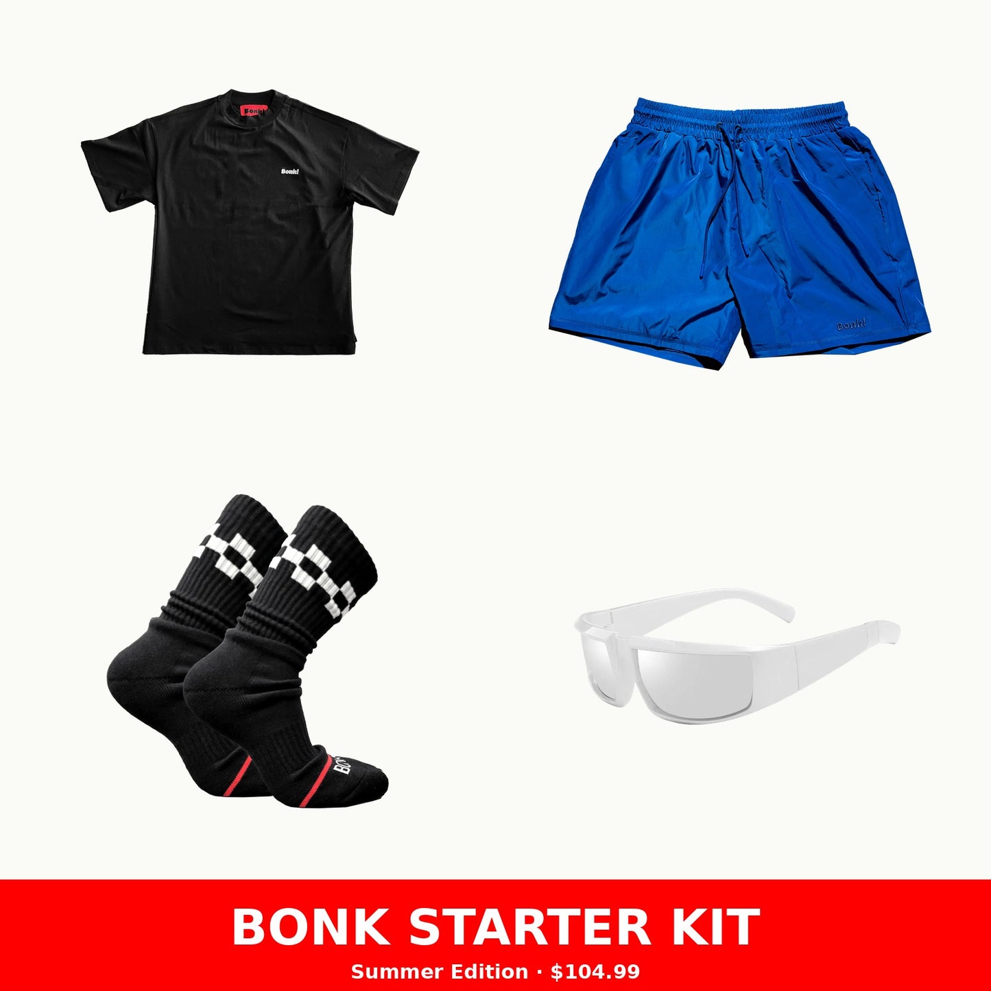 Bonk Starter Kit — Summer: tee, shorts, socks, T-100 sunglasses