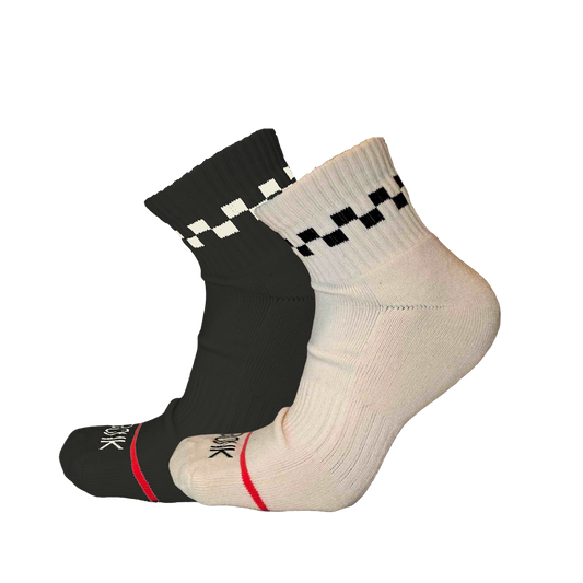 Bonk Black and White ankle socks 2-pack with checker cuff and red toe stripe