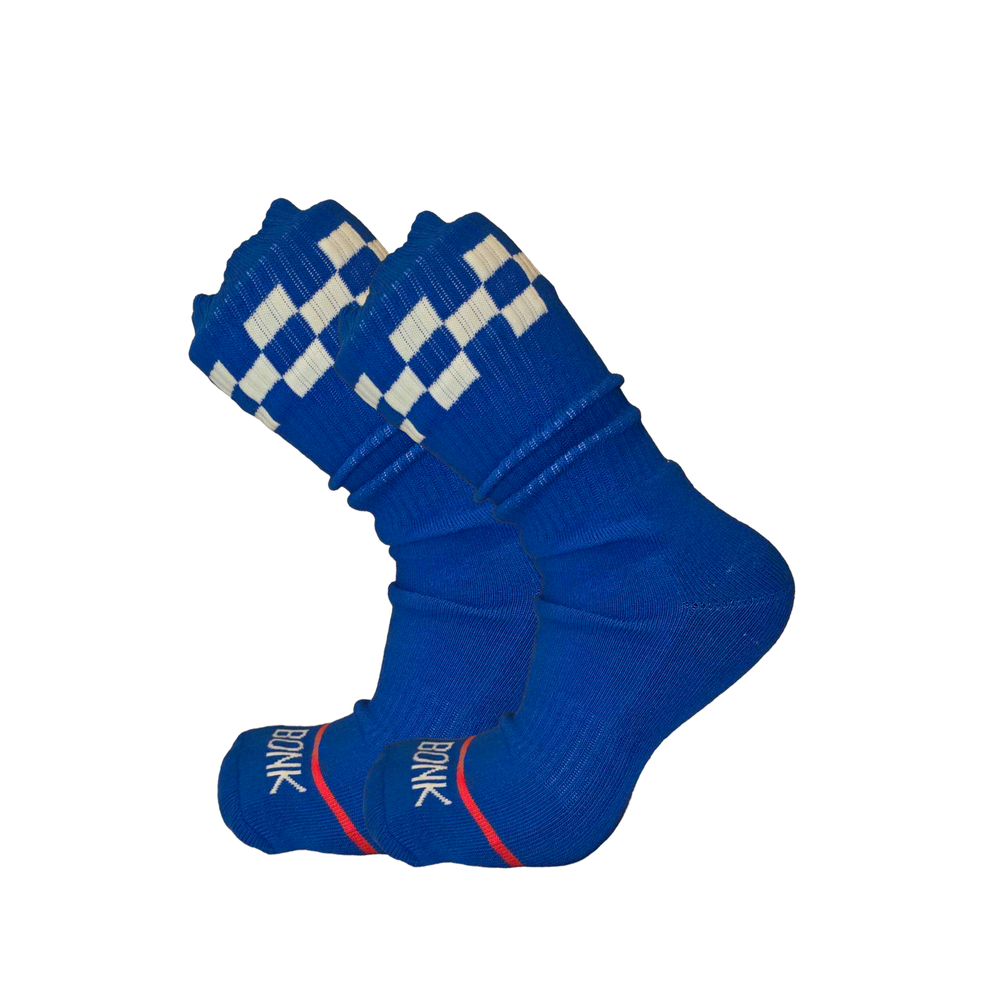 Bonk Varsity Blue crew socks pair with checker cuff and Bonk toe stripe