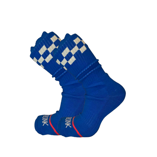 Bonk Varsity Blue crew socks pair with checker cuff and Bonk toe stripe
