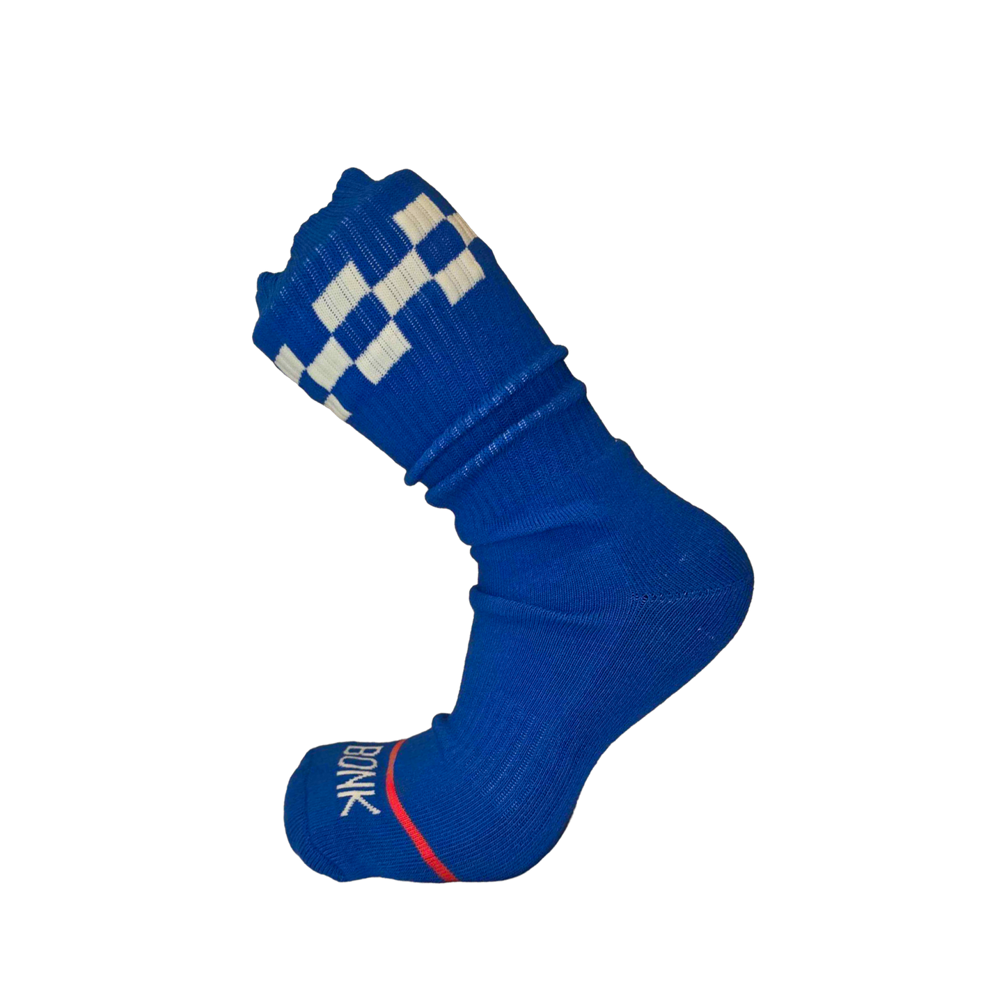 Bonk Varsity Blue crew sock single - side view showing checker cuff and Bonk toe stripe