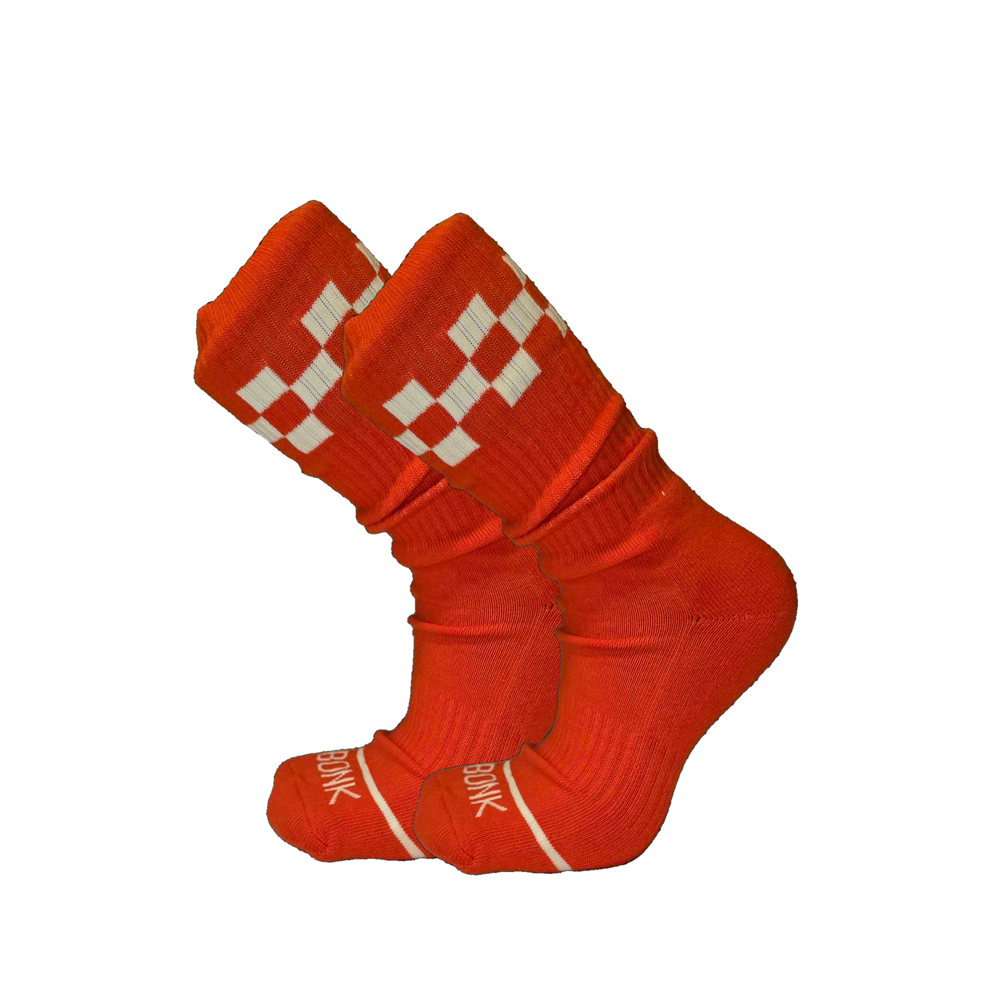 Bonk Electric Red crew socks pair with checker cuff and Bonk toe stripe