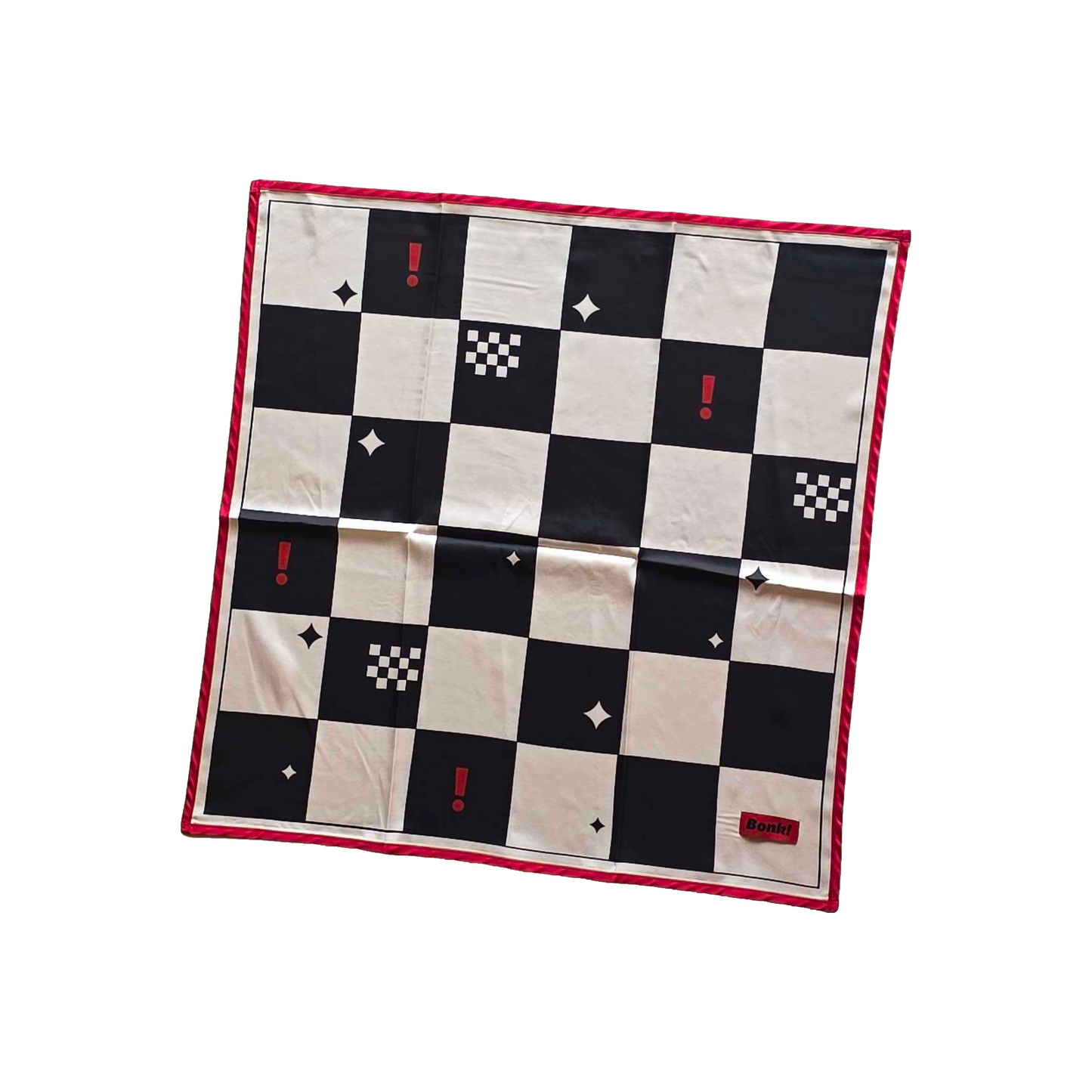 Bonk Checkerboard Bandana, black and cream check with red rope trim