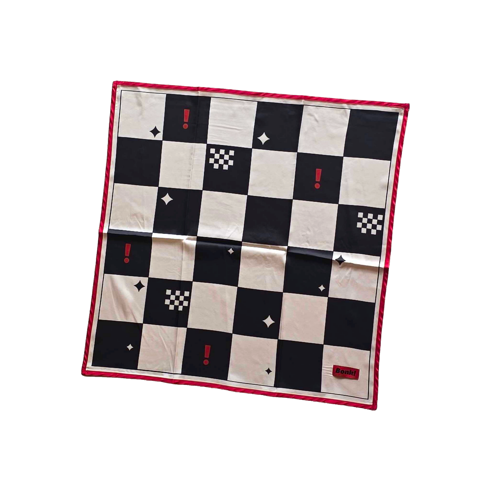 Bonk Checkerboard Bandana, black and cream check with red rope trim