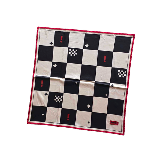 Bonk Checkerboard Bandana, black and cream check with red rope trim