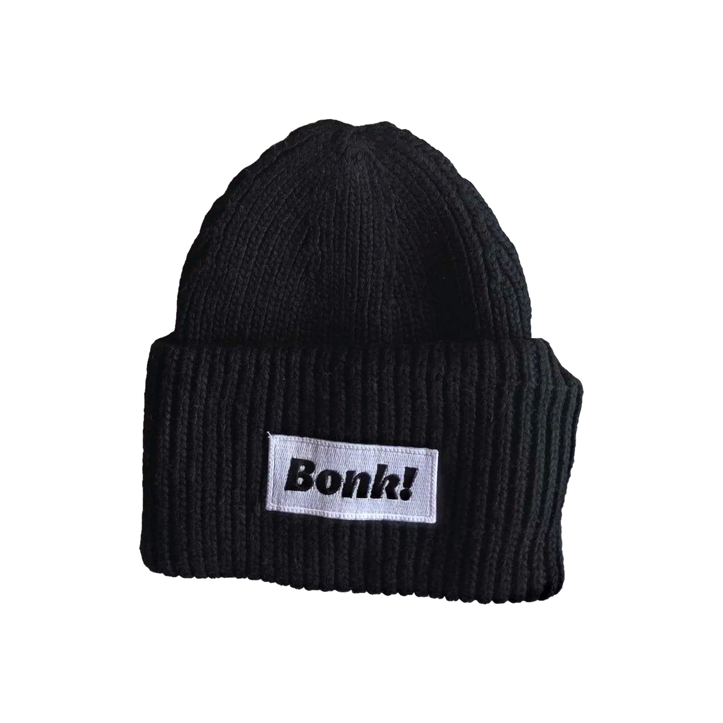 Black Bonk Beanie, cuffed knit with Bonk! label