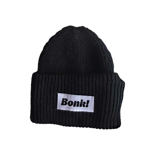 Black Bonk Beanie, cuffed knit with Bonk! label