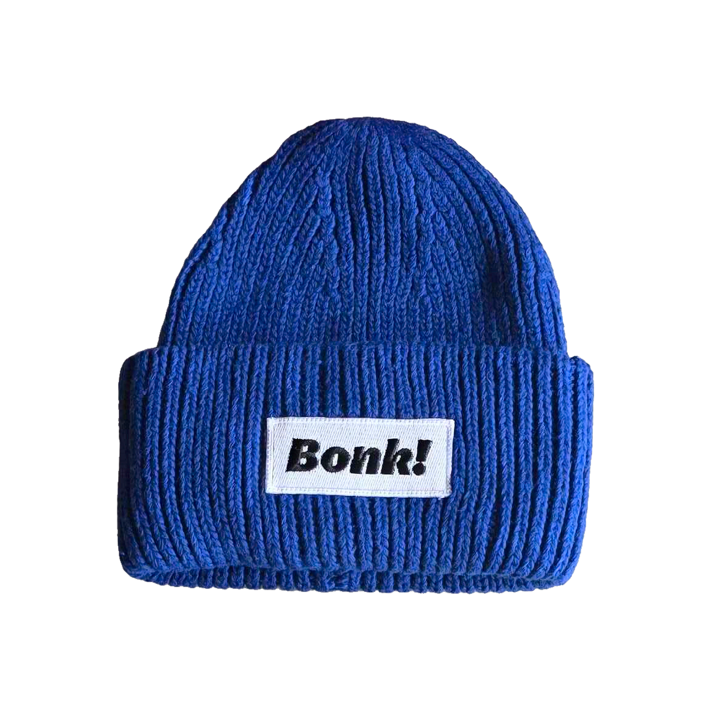 Blue Bonk Beanie, cuffed knit with Bonk! label