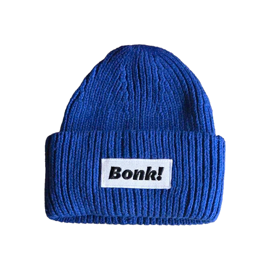 Blue Bonk Beanie, cuffed knit with Bonk! label