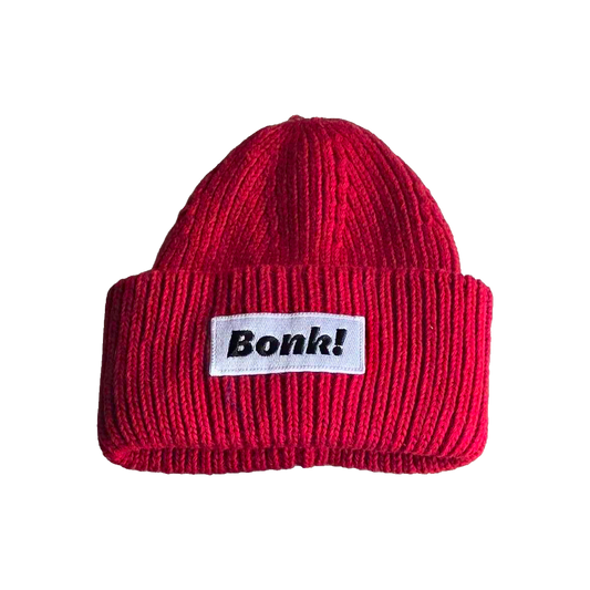 Red Bonk Beanie, cuffed knit with Bonk! label
