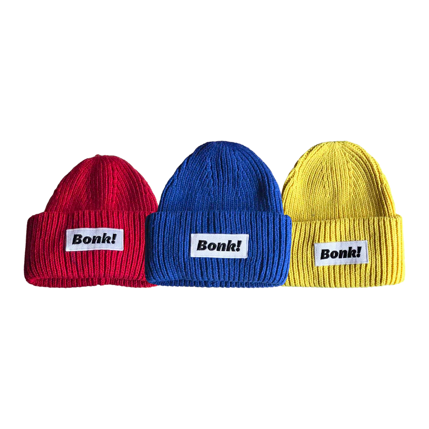 Bonk Beanie 3-Pack — red, blue and yellow beanies overlapping