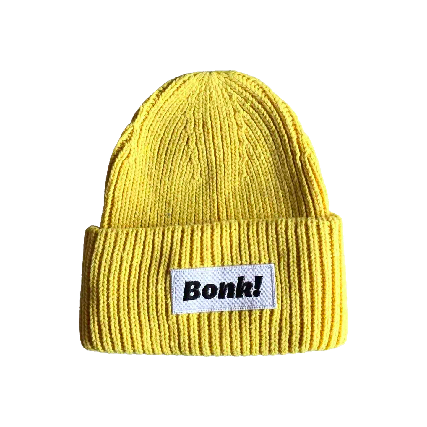 Yellow Bonk Beanie, cuffed knit with Bonk! label