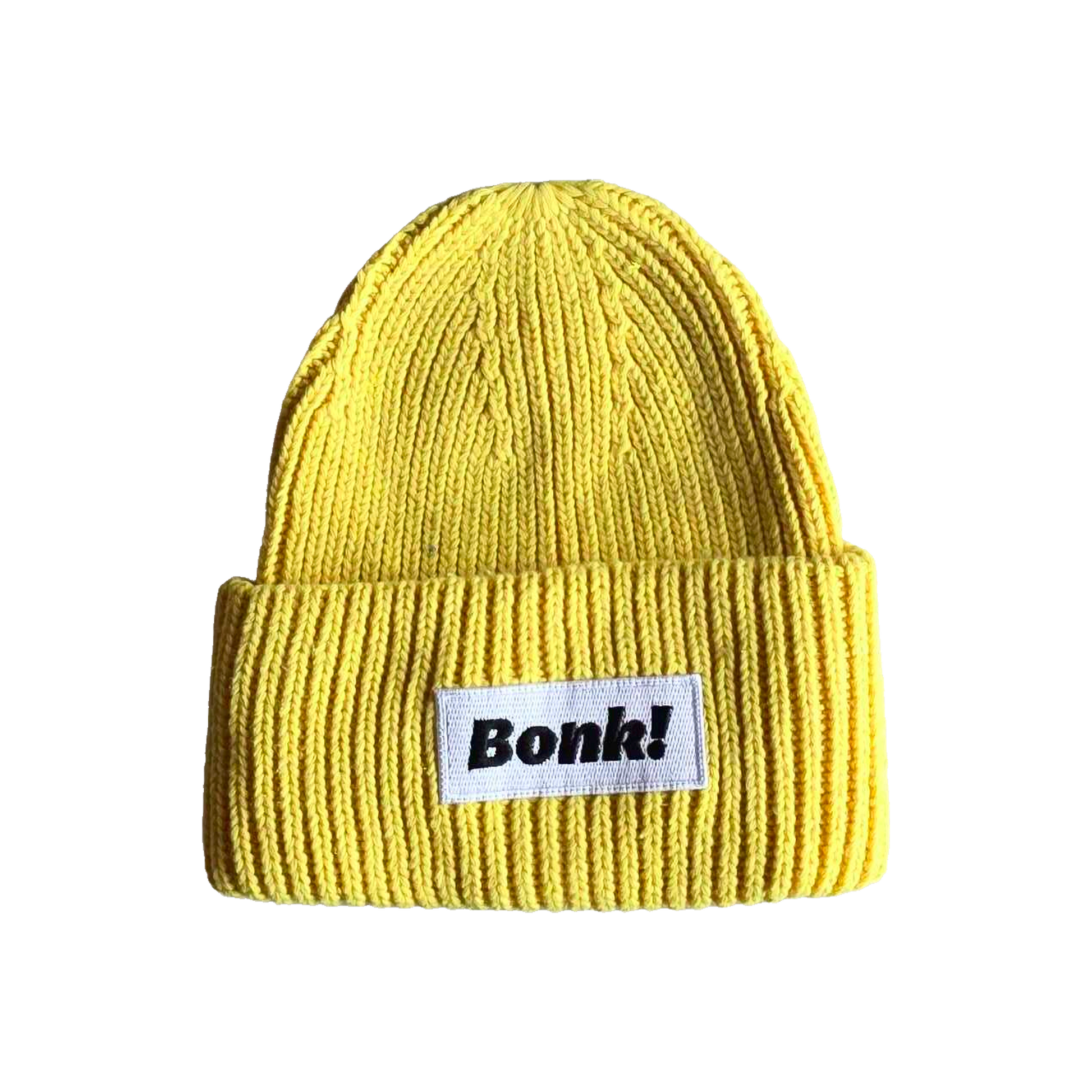 Yellow Bonk Beanie, cuffed knit with Bonk! label