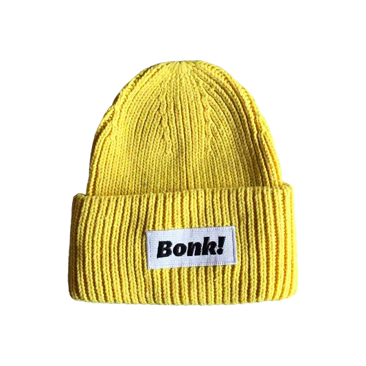 Yellow Bonk Beanie, cuffed knit with Bonk! label