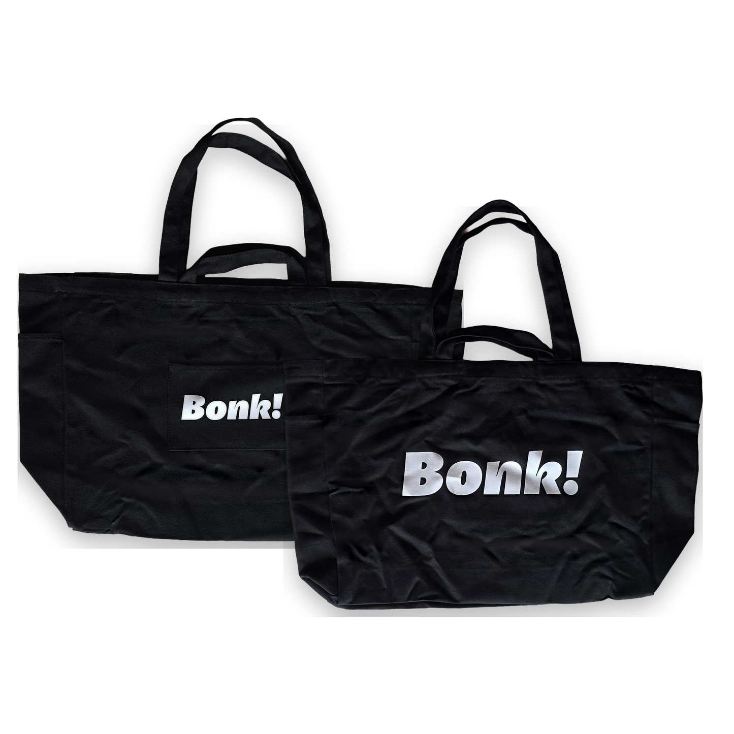 Bonk Canvas Tote in black, front and back views shown together