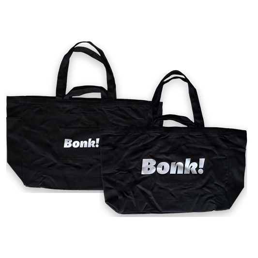 Bonk Canvas Tote in black, front and back views shown together