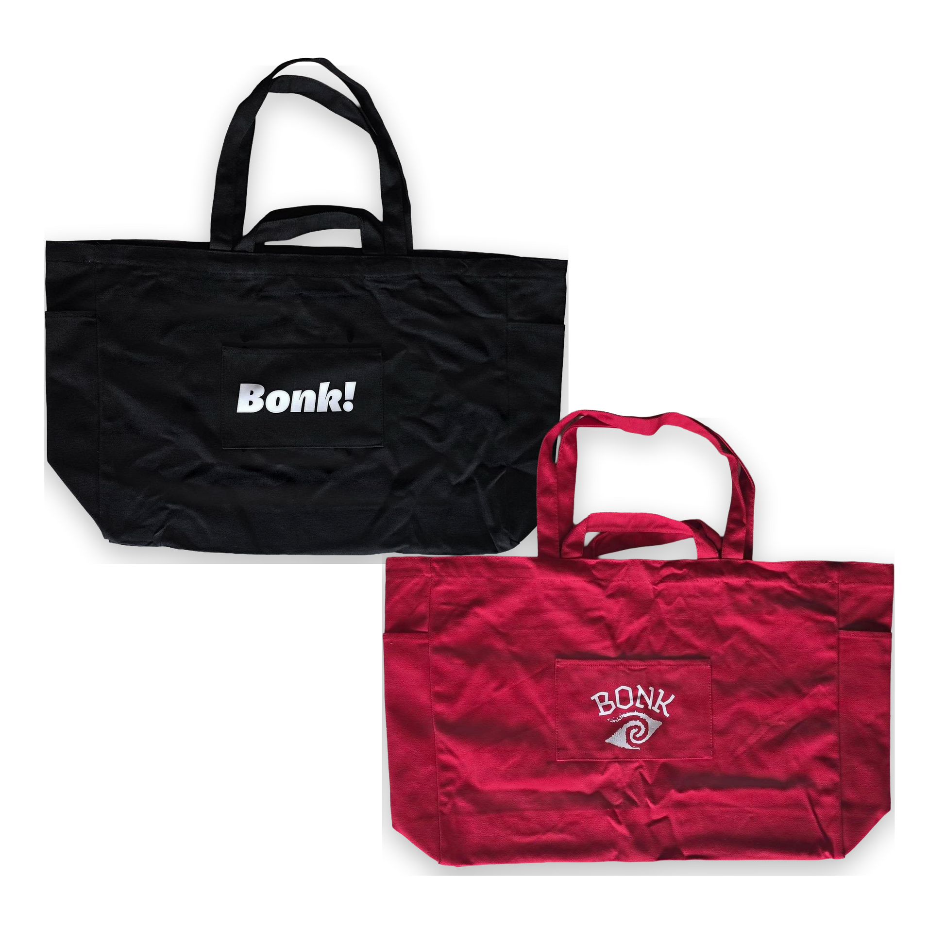Bonk Canvas Tote double pack, black and red totes stacked diagonally, backs