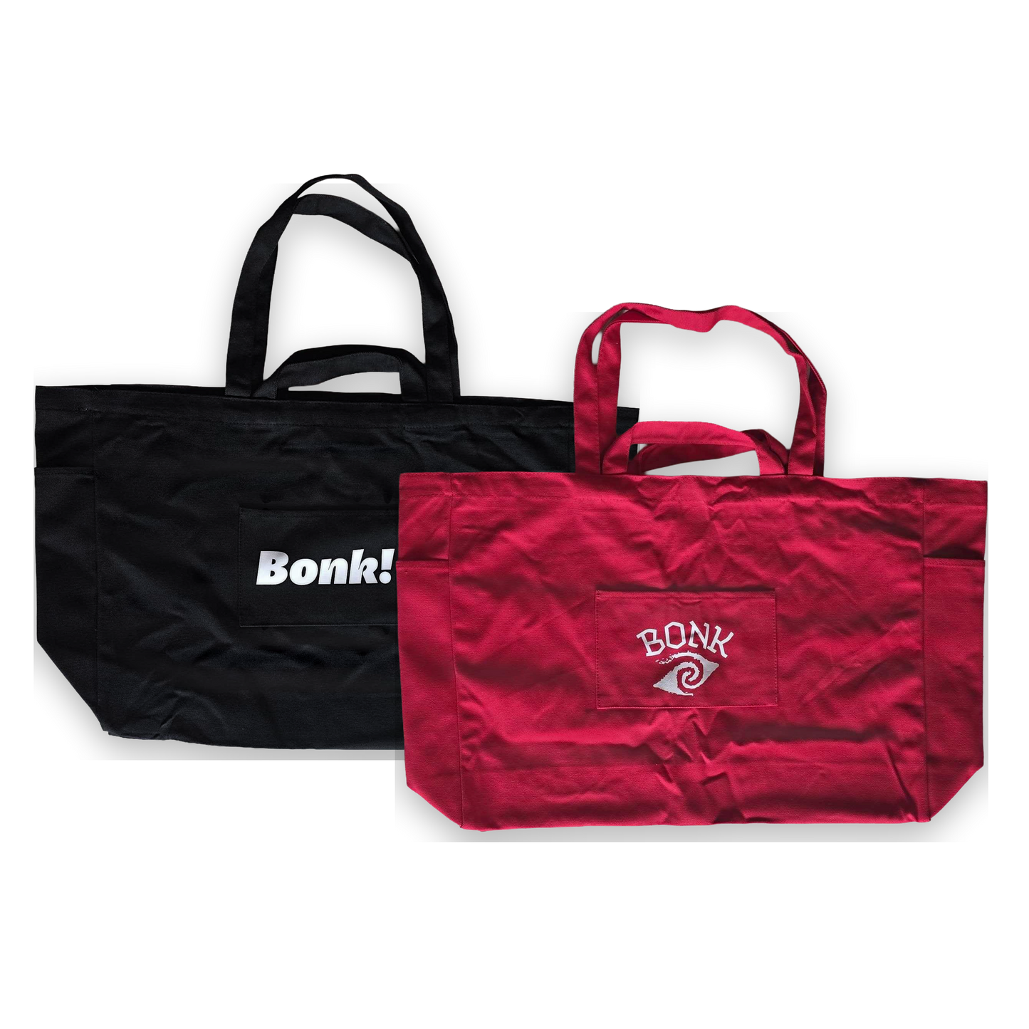 Bonk Canvas Tote double pack, black and red totes stacked diagonally, backs