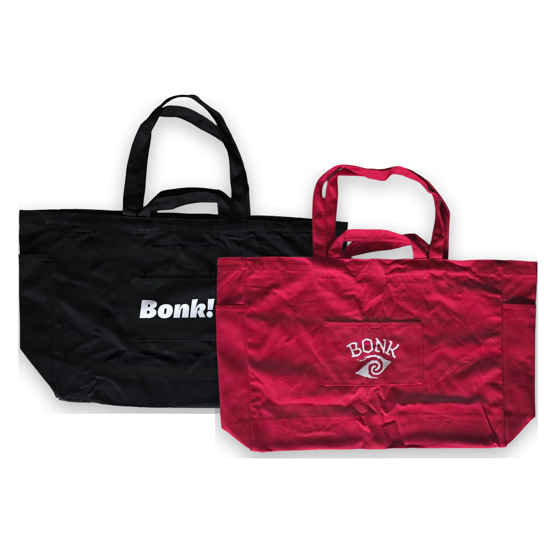 Bonk Canvas Tote double pack, black and red totes stacked diagonally, backs