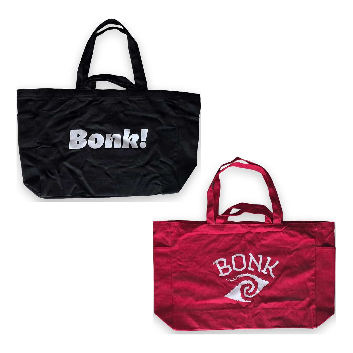 Bonk Canvas Tote double pack, black and red totes stacked, fronts