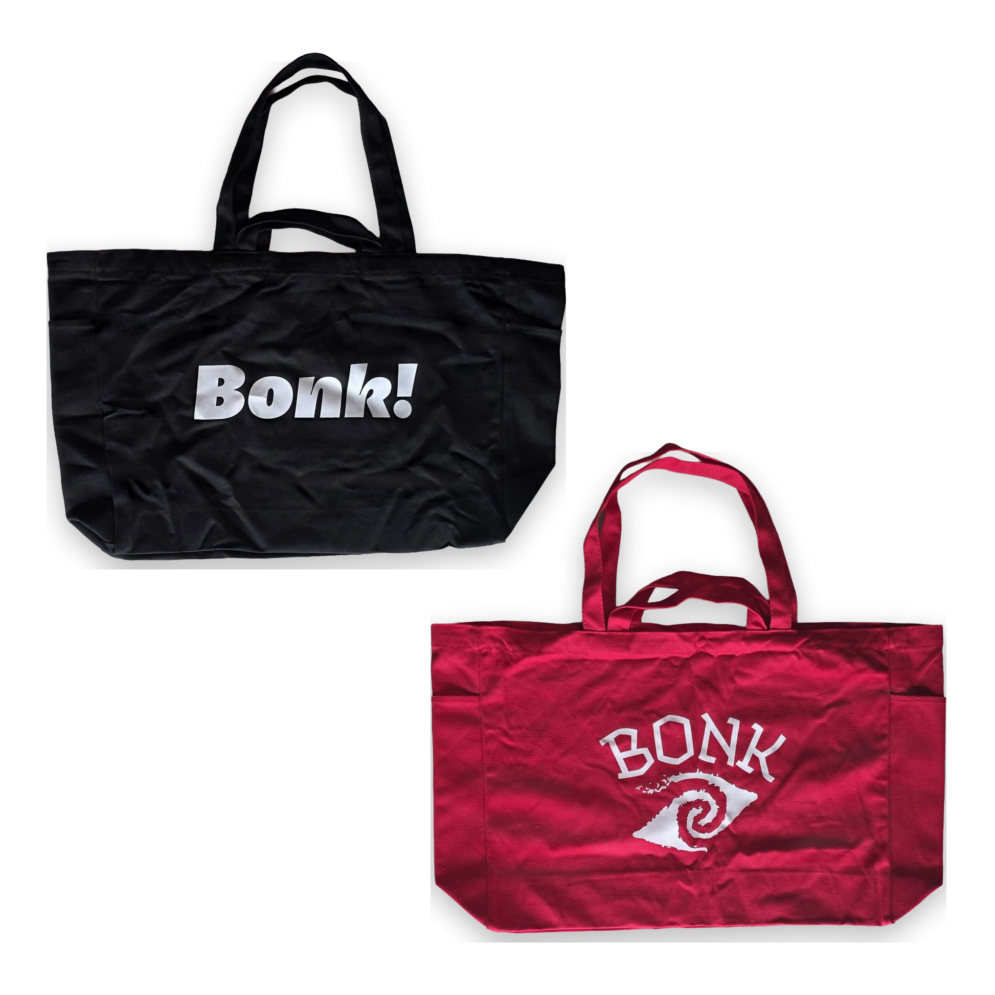 Bonk Canvas Tote double pack, black and red totes stacked, fronts