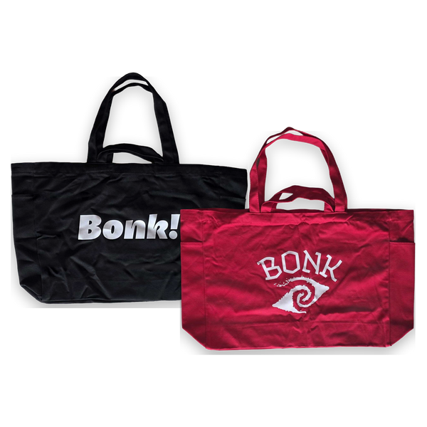 Bonk Canvas Tote double pack, black and red totes stacked diagonally, fronts