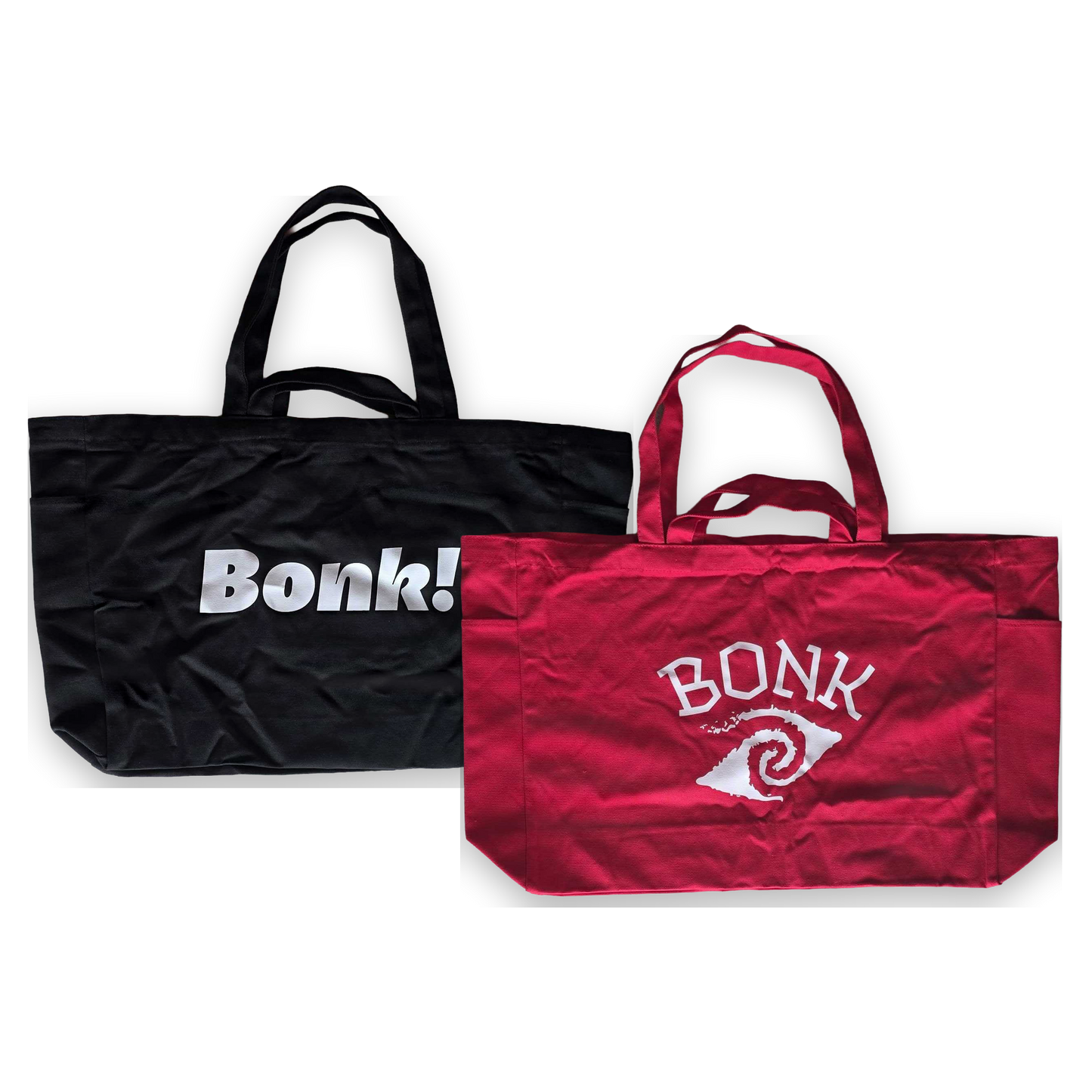 Bonk Canvas Tote double pack, black and red totes stacked, fronts