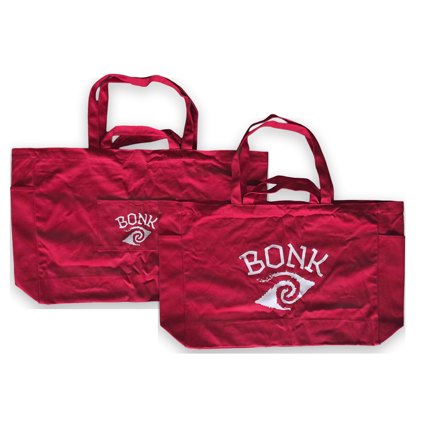 Bonk Canvas Tote in red, front and back views shown together