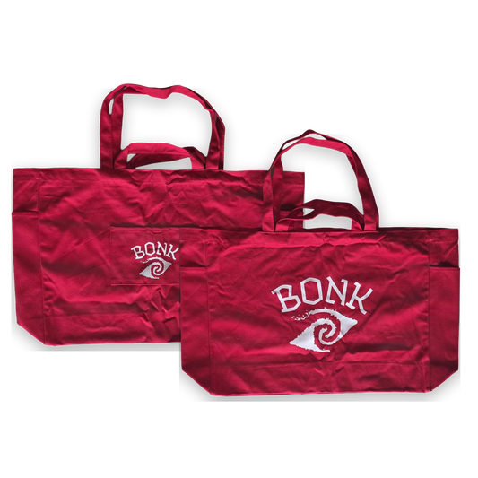 Bonk Canvas Tote in red, front and back views shown together