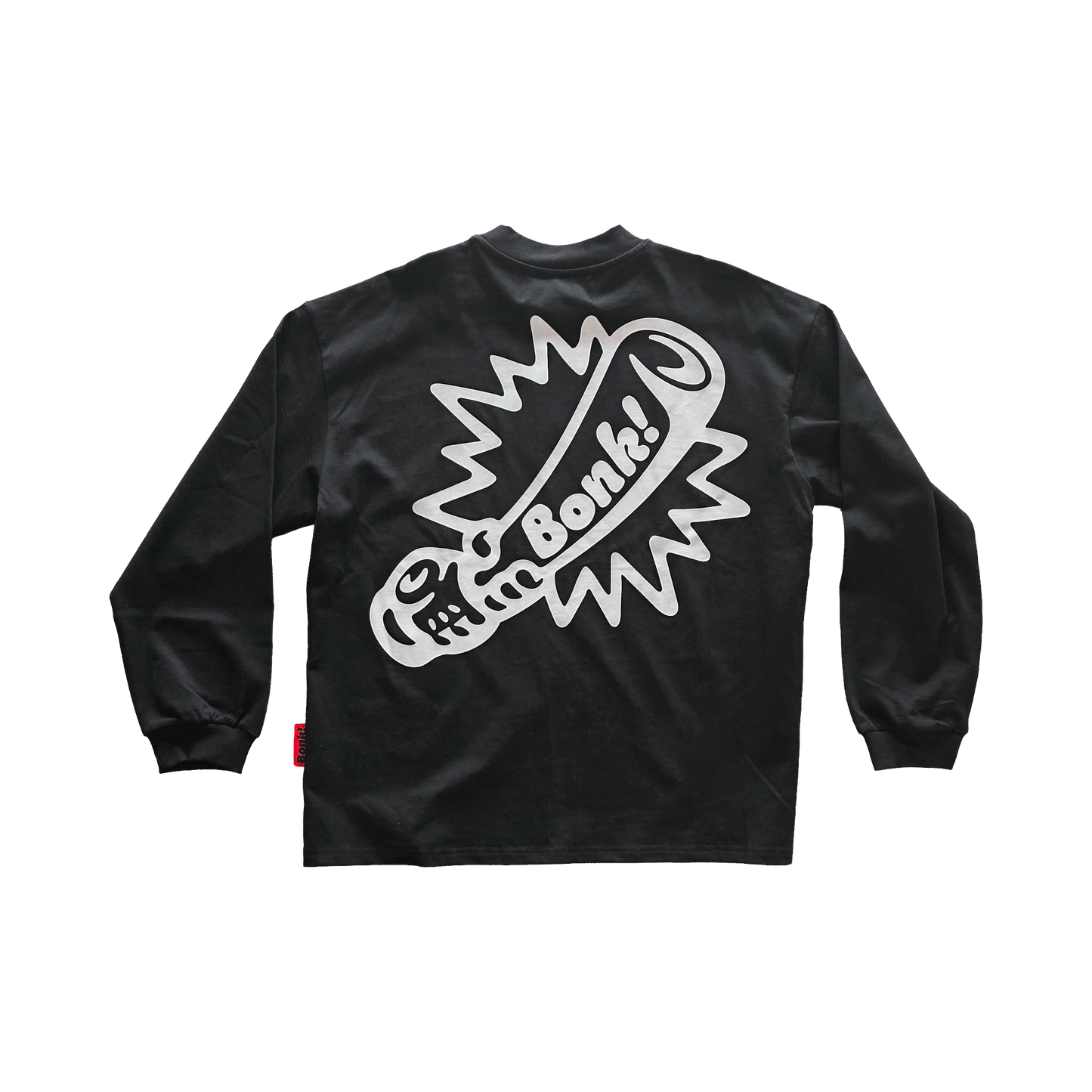 Bonk Screen-Print Long Sleeve in black, back view with Bonk! graphic