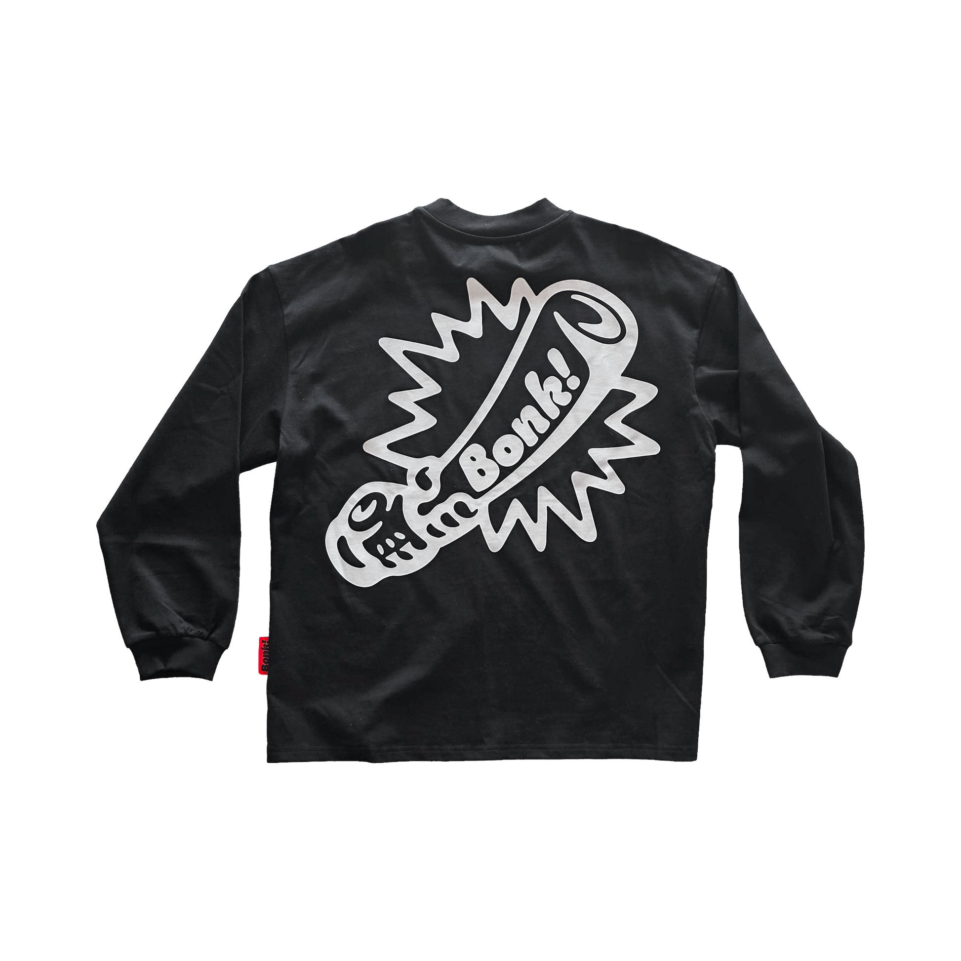 Bonk Screen-Print Long Sleeve in black, back view with Bonk! graphic