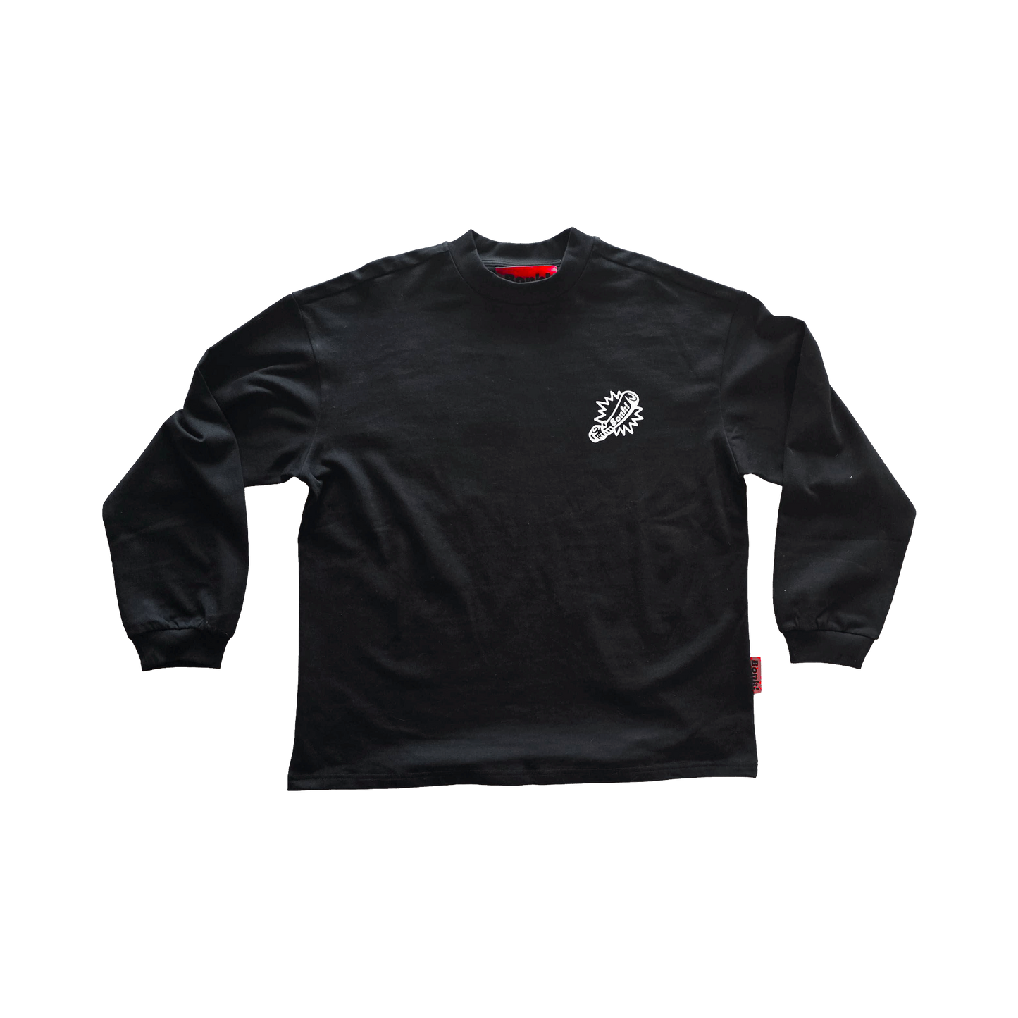 Bonk Screen-Print Long Sleeve in black, front view flat lay
