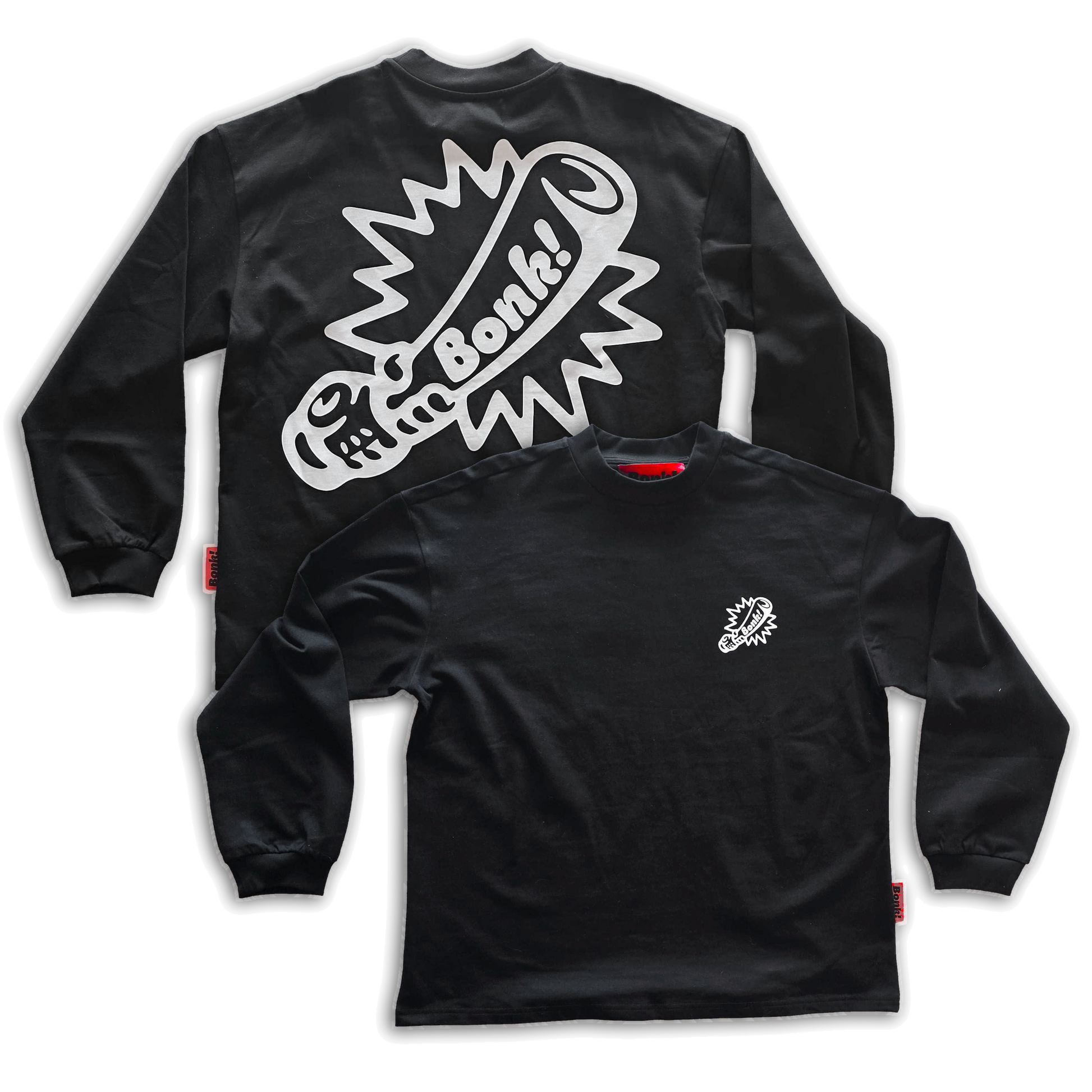 Bonk Screen-Print Long Sleeve in black, front and back flat lay on white