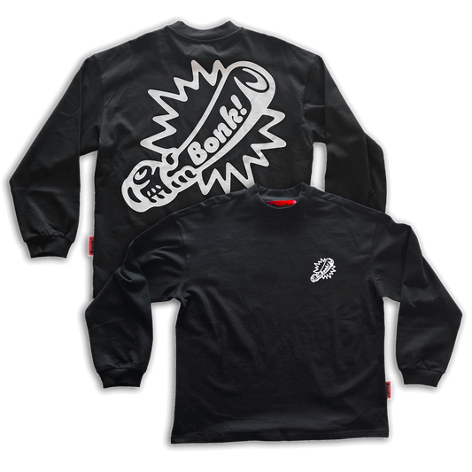 Bonk Screen-Print Long Sleeve in black, front and back flat lay on white