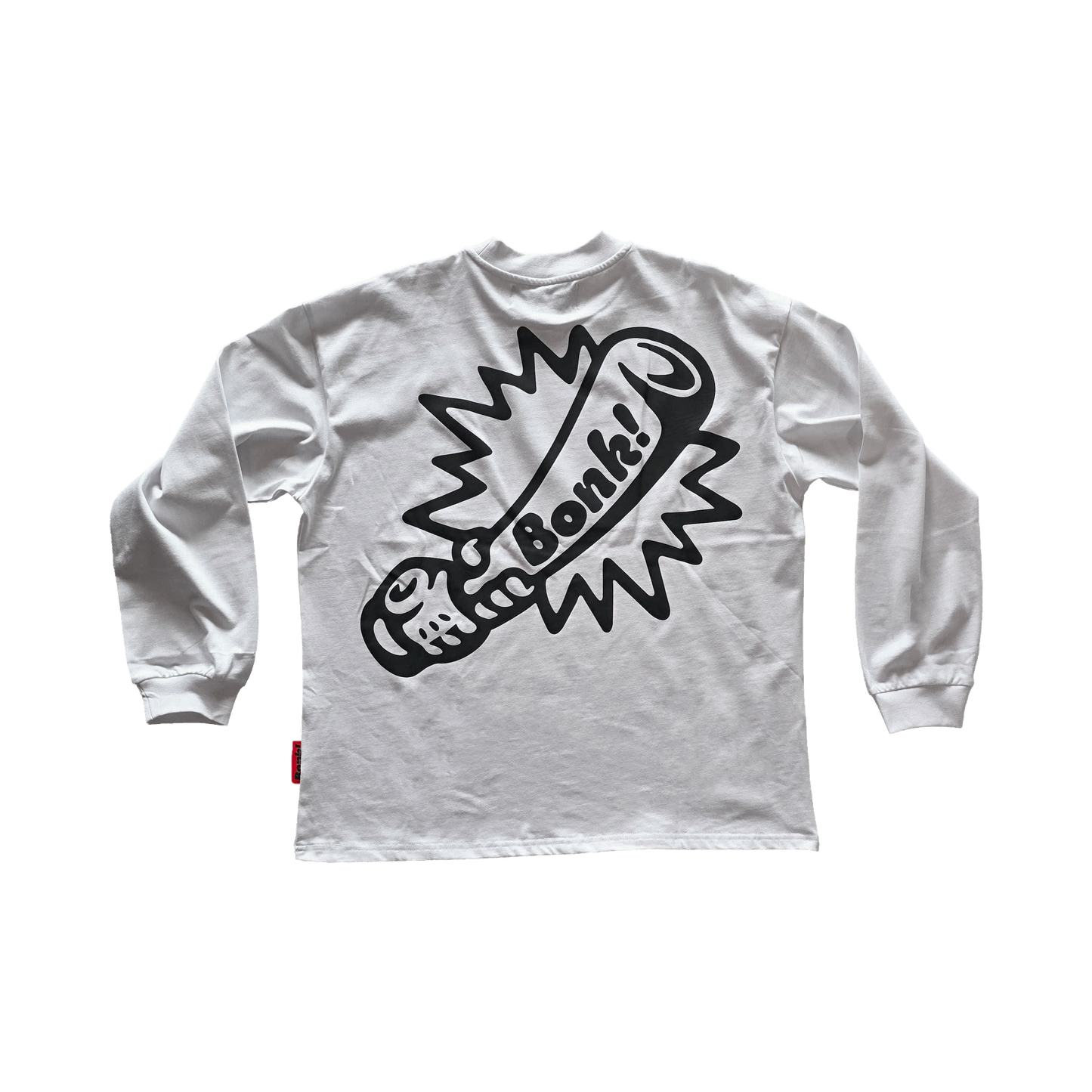 Bonk Screen-Print Long Sleeve in white, back view with Bonk! graphic