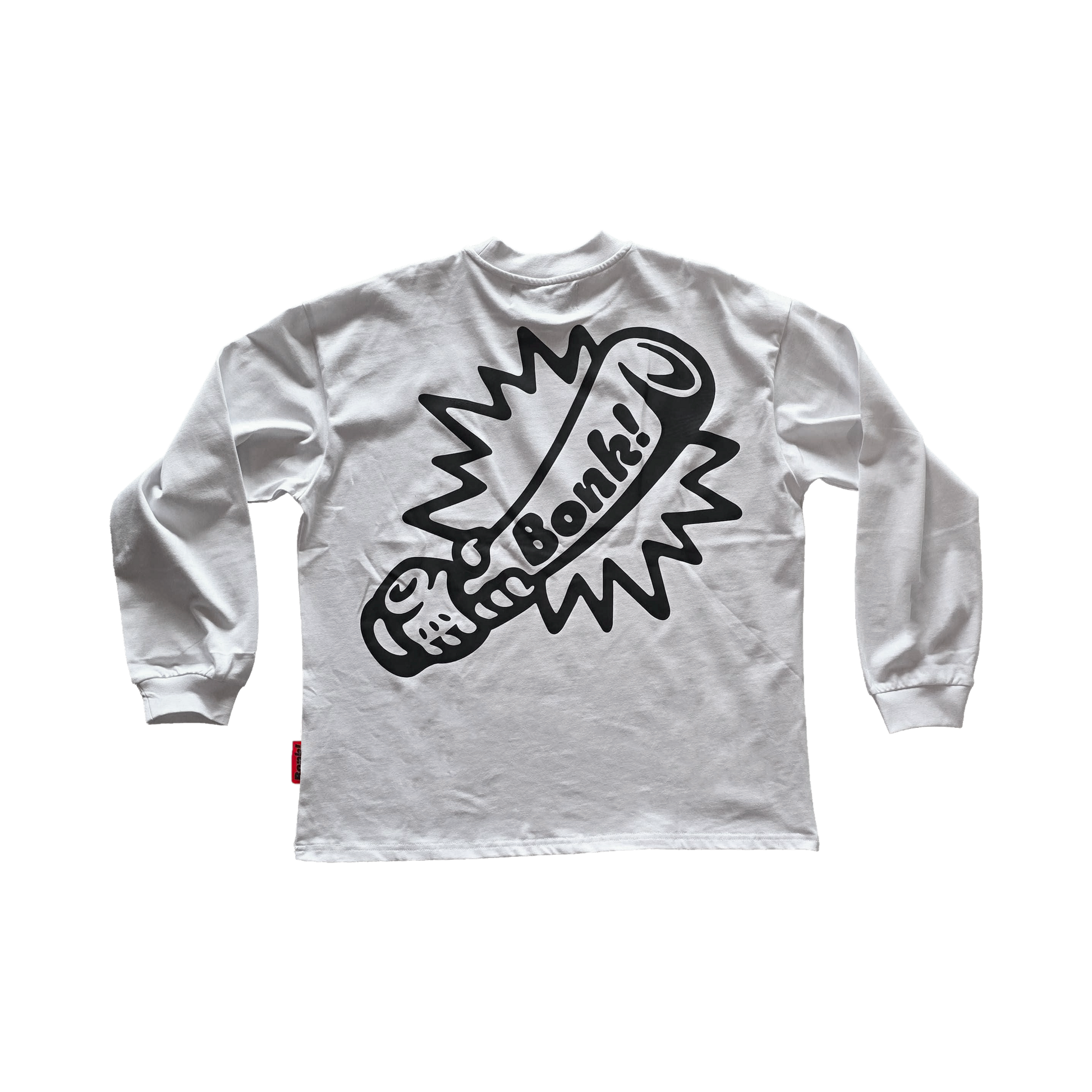 Bonk Screen-Print Long Sleeve in white, back view with Bonk! graphic