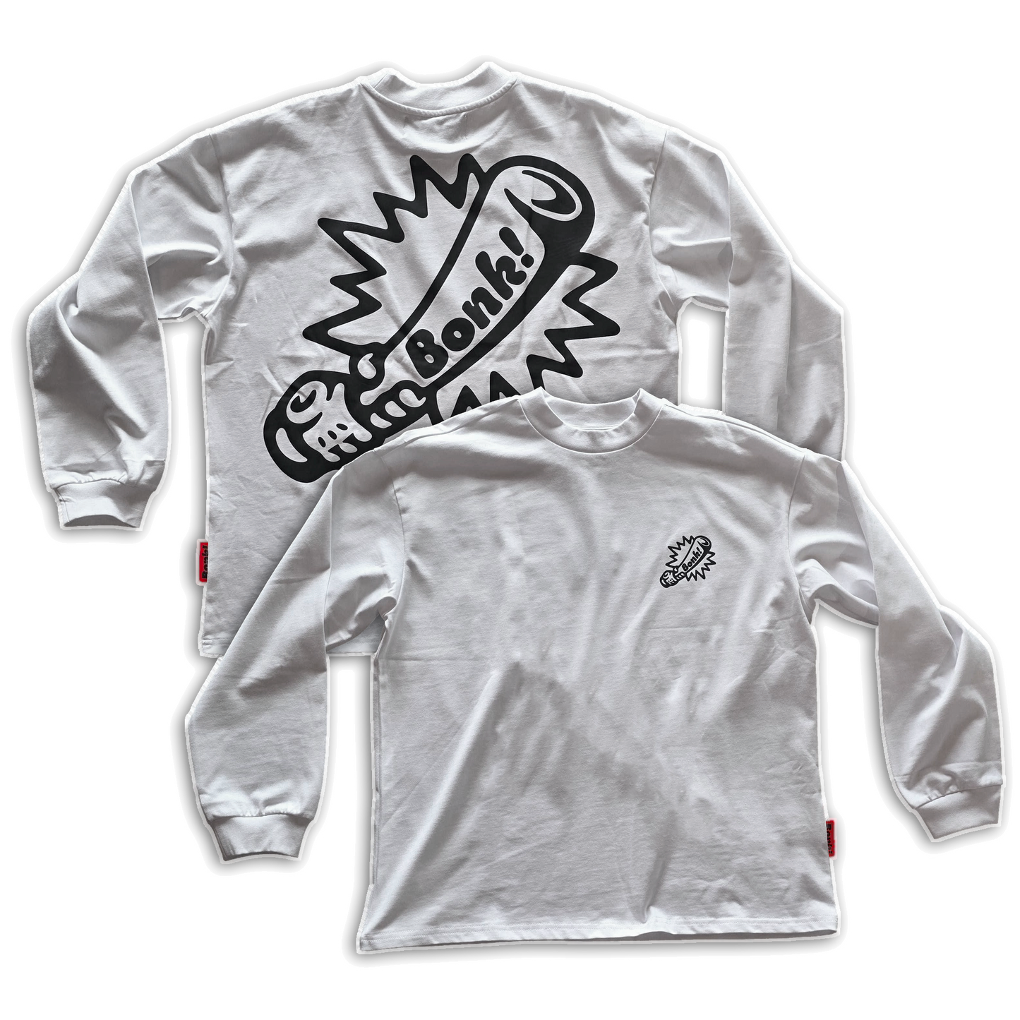 Bonk Screen-Print Long Sleeve in white, front and back flat lay on white