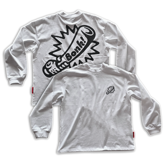 Bonk Screen-Print Long Sleeve in white, front and back flat lay on white