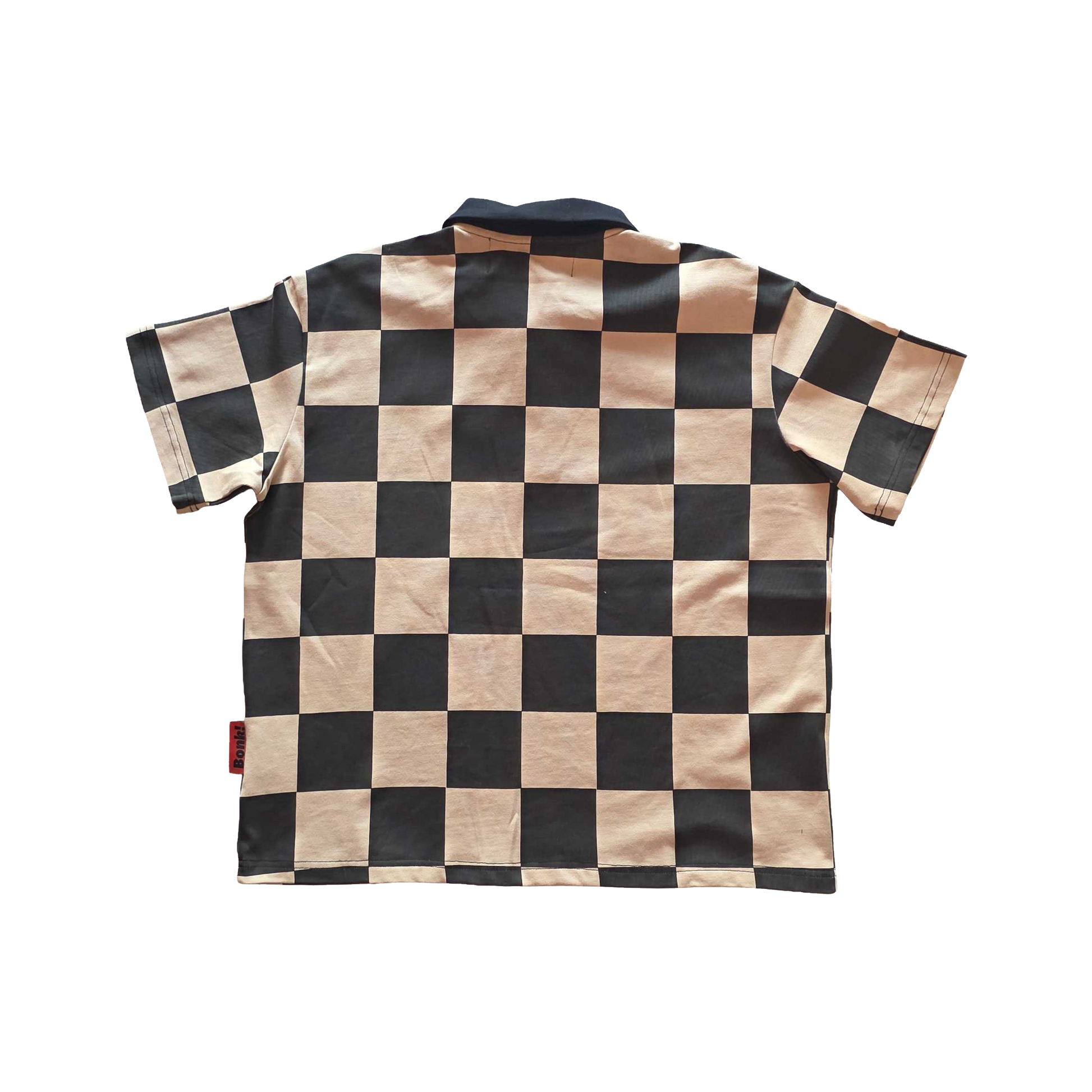 Bonk DGT Checkerboard Polo in tan, back view flat lay