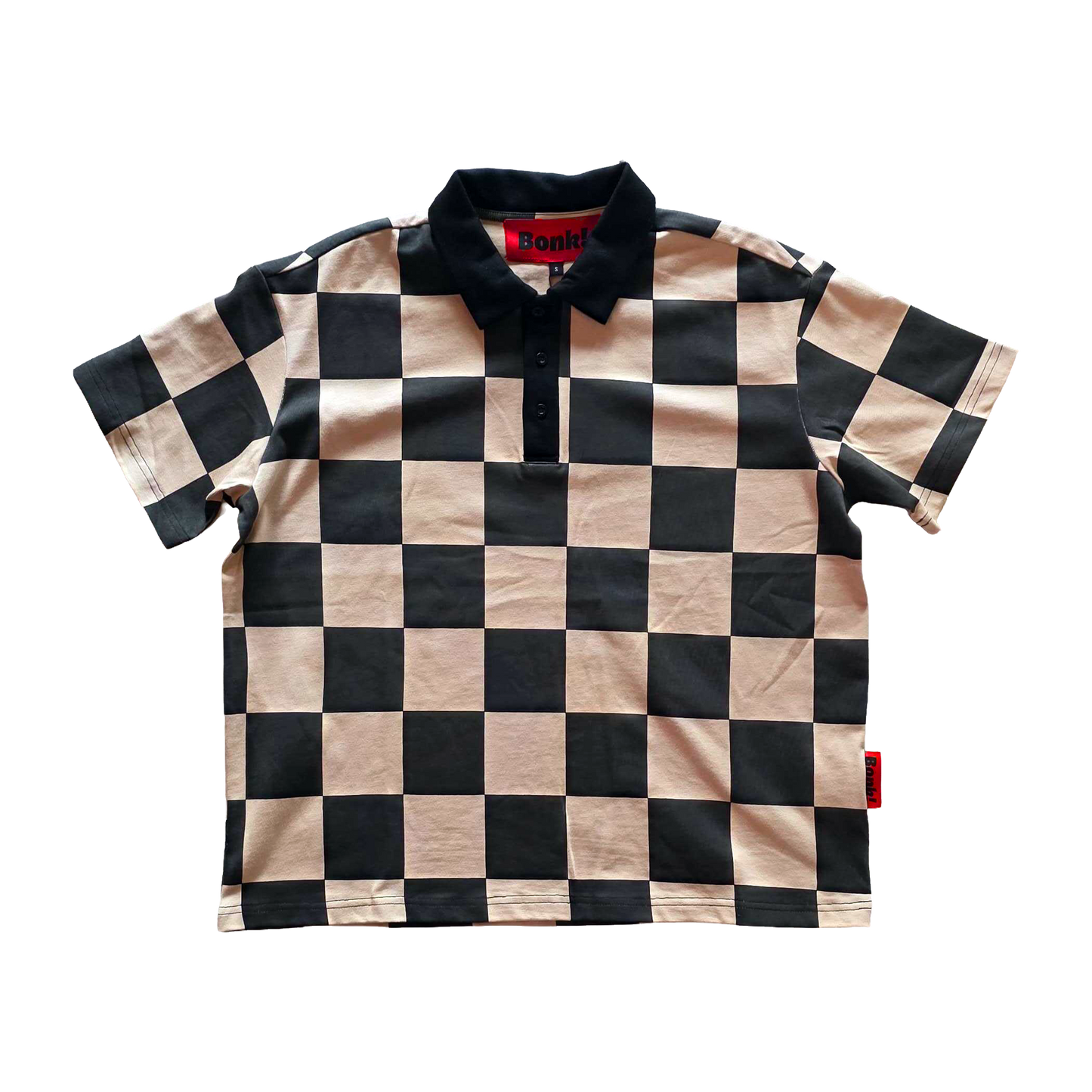 Bonk DGT Checkerboard Polo in tan, front view flat lay