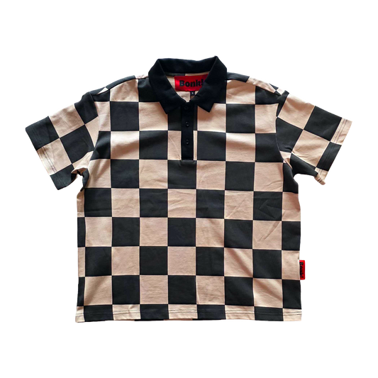 Bonk DGT Checkerboard Polo in tan, front view flat lay
