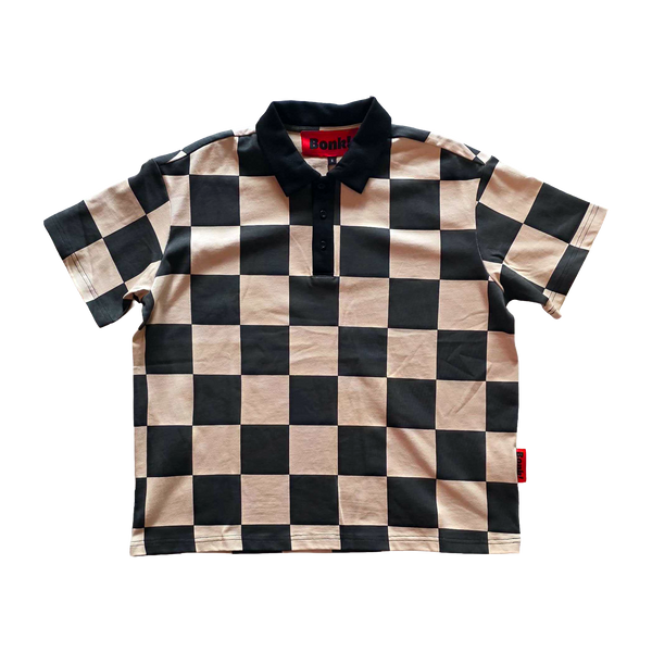 Bonk DGT Checkerboard Polo in tan, front view flat lay