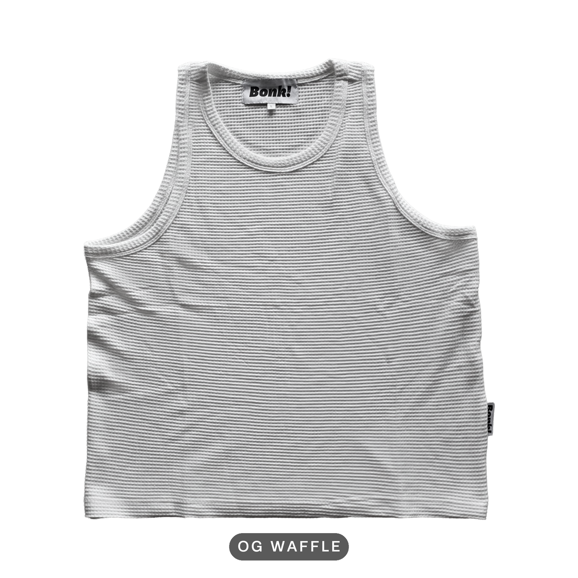 Bonk white tank, OG Waffle build, front, cutout