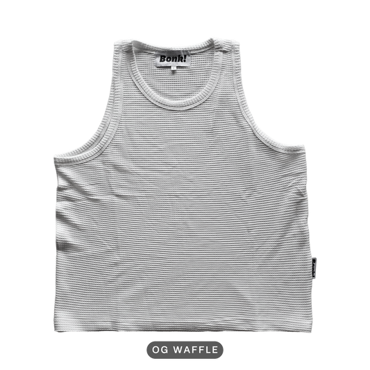 Bonk white tank, OG Waffle build, front, cutout