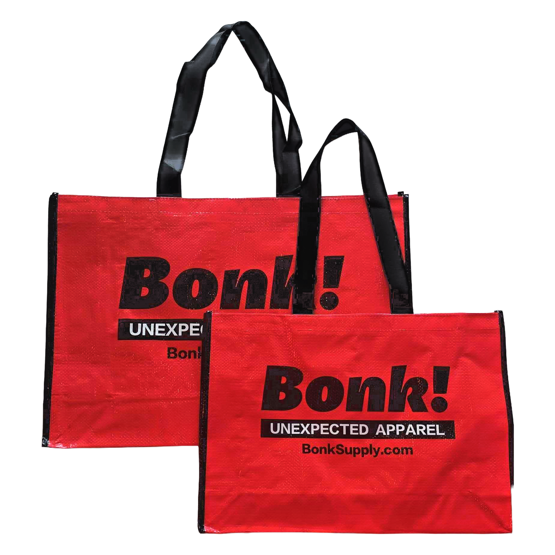 Two red Bonk woven shopping bags, one small and one large, with Bonk! Unexpected Apparel print