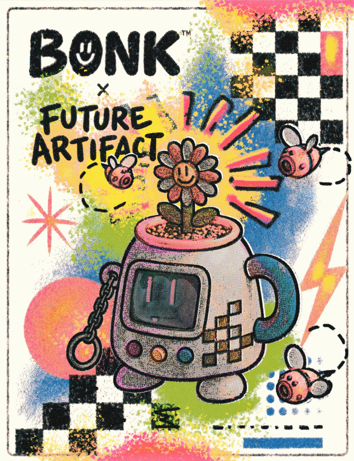 Bonk Ro-Pot (Tama-pot-chi) risograph print: flower-pot robot with a screen face and keychain ring, pig-bees, checkerboard and spray texture