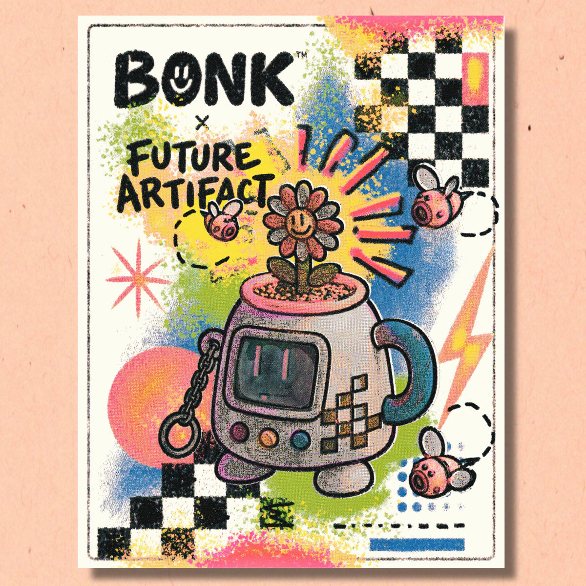 Bonk × Future Artifact Studio Ro-Pot risograph print, 8.5 x 11, on a peach paper background