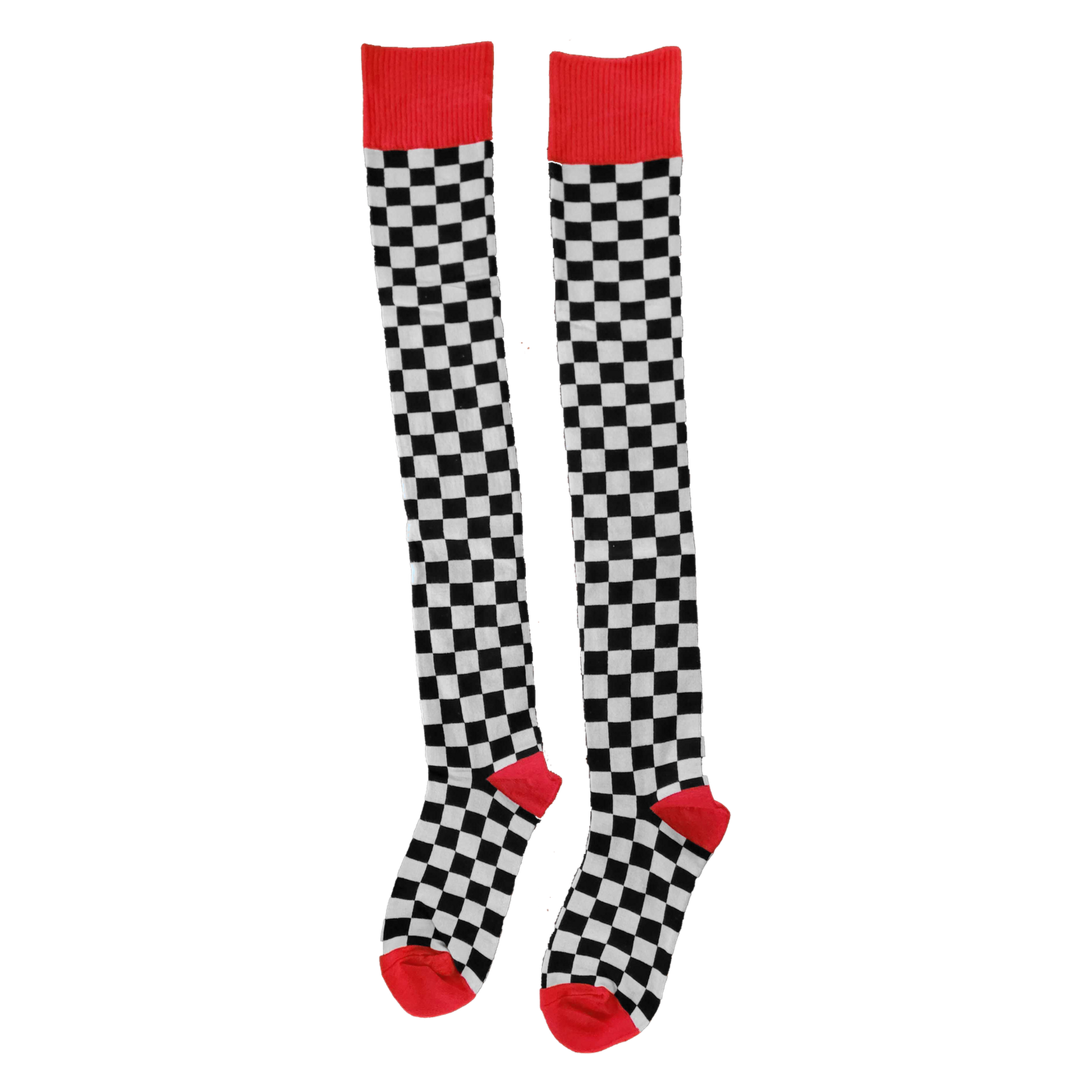 Checkered Thigh-High Socks - one pair, checker knit with Bonk red accents